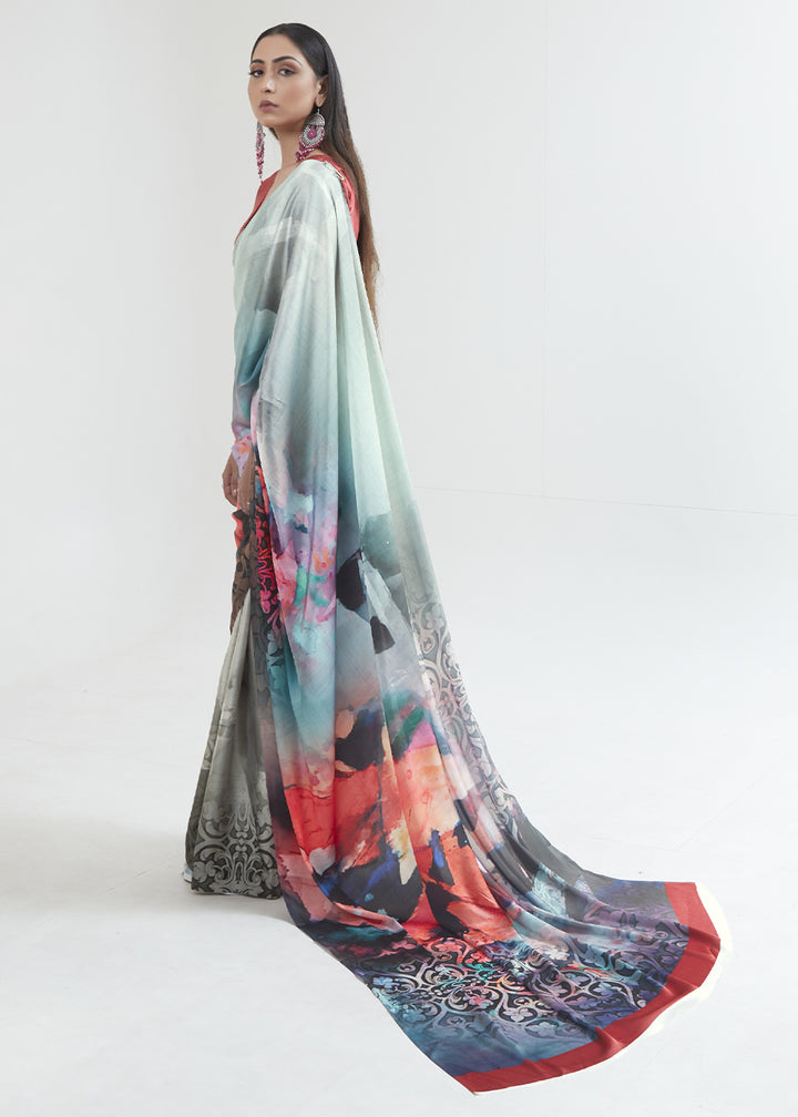 Shades Of Blue Satin Crepe Saree Adorned with Digital Prints