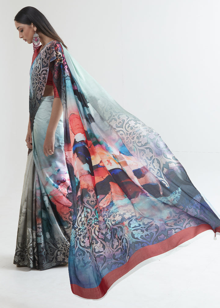 Shades Of Blue Satin Crepe Saree Adorned with Digital Prints