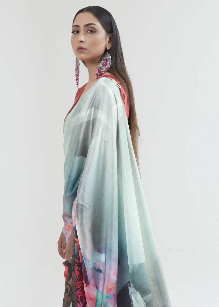 Shades Of Blue Satin Crepe Saree Adorned with Digital Prints