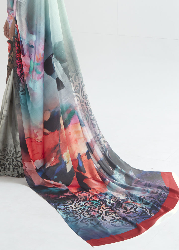 Shades Of Blue Satin Crepe Saree Adorned with Digital Prints