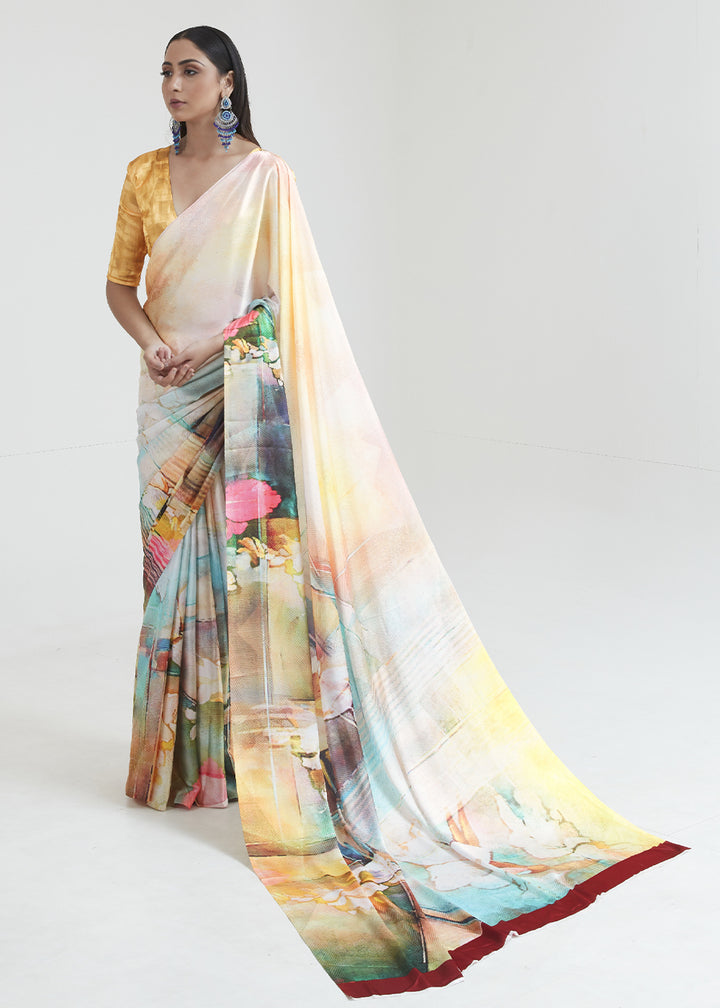 Yellow & White Satin Crepe Saree Adorned with Digital Prints