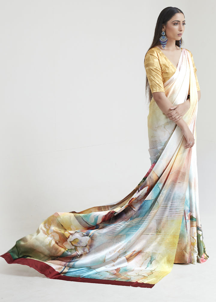 Yellow & White Satin Crepe Saree Adorned with Digital Prints