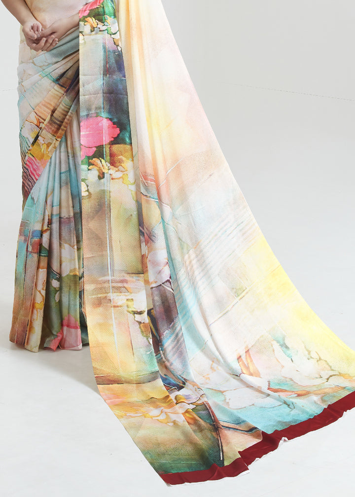 Yellow & White Satin Crepe Saree Adorned with Digital Prints
