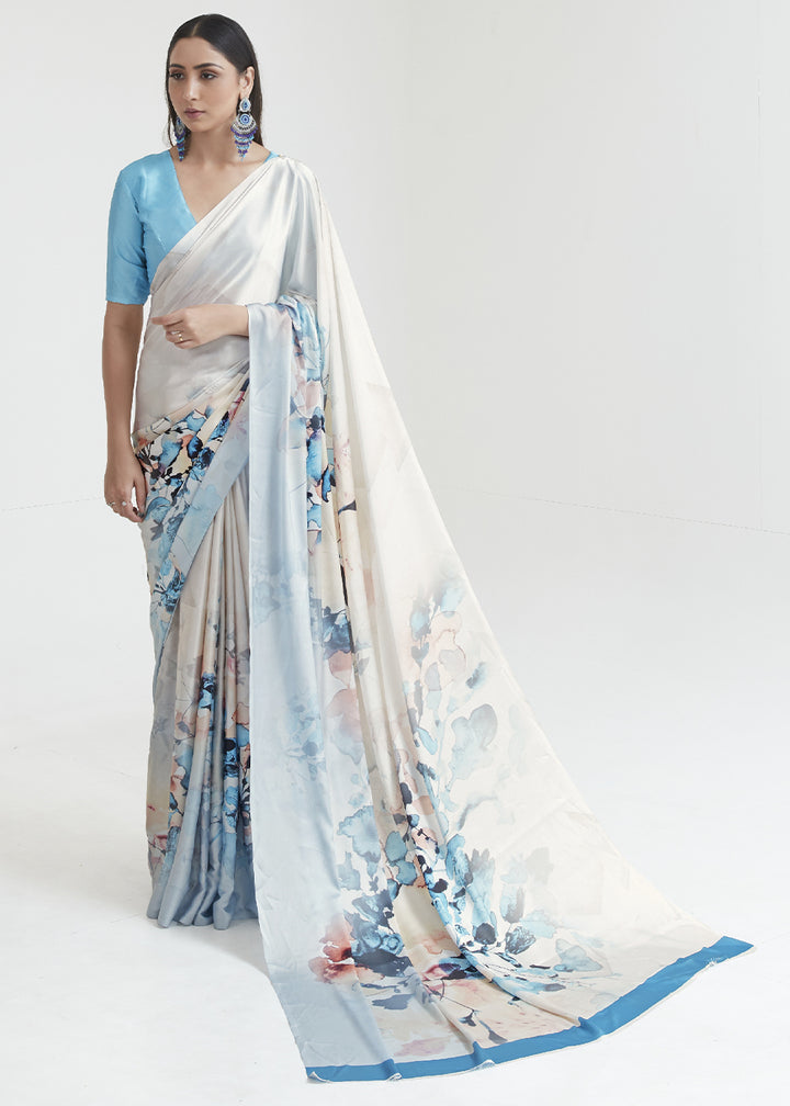 White & Blue Satin Crepe Saree Adorned with Digital Prints