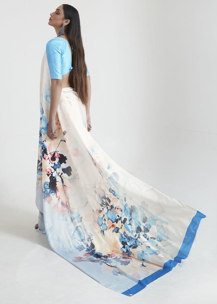 White & Blue Satin Crepe Saree Adorned with Digital Prints