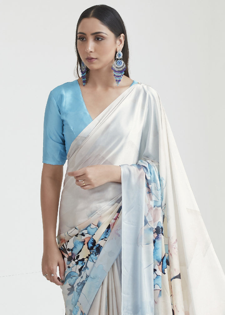 White & Blue Satin Crepe Saree Adorned with Digital Prints