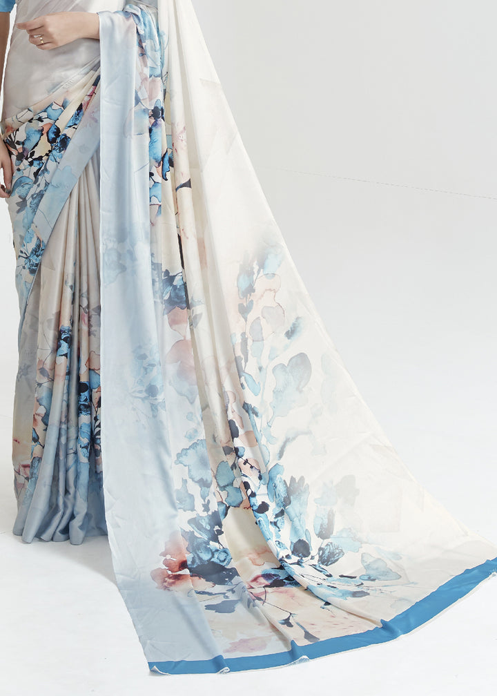 White & Blue Satin Crepe Saree Adorned with Digital Prints