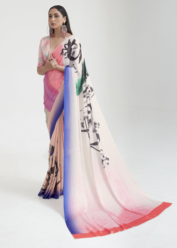 Shades Of Pink Satin Crepe Saree Adorned with Digital Prints