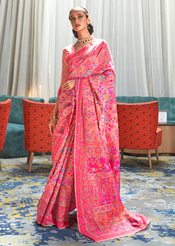 Shades of Pink Kashmiri Jamawar Silk Saree with Handloom Weaving