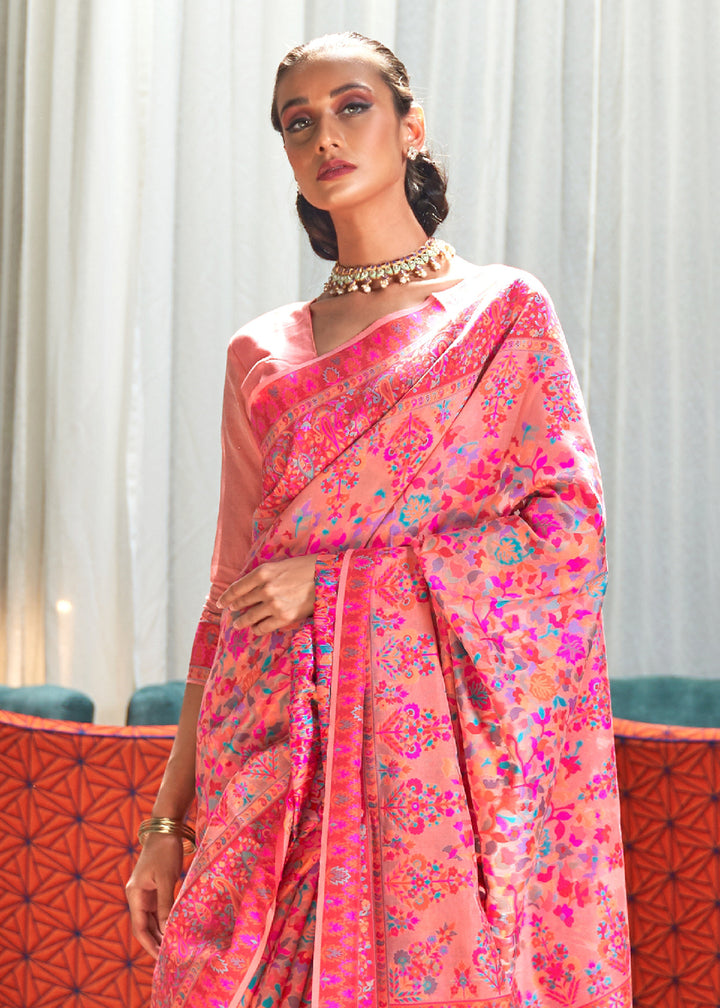 Shades of Pink Kashmiri Jamawar Silk Saree with Handloom Weaving
