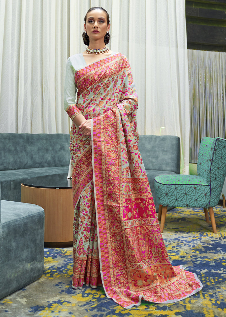Blue & Pink Kashmiri Jamawar Silk Saree with Handloom Weaving