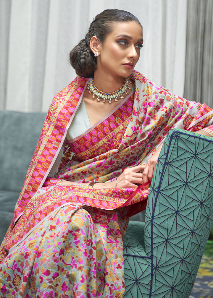 Blue & Pink Kashmiri Jamawar Silk Saree with Handloom Weaving