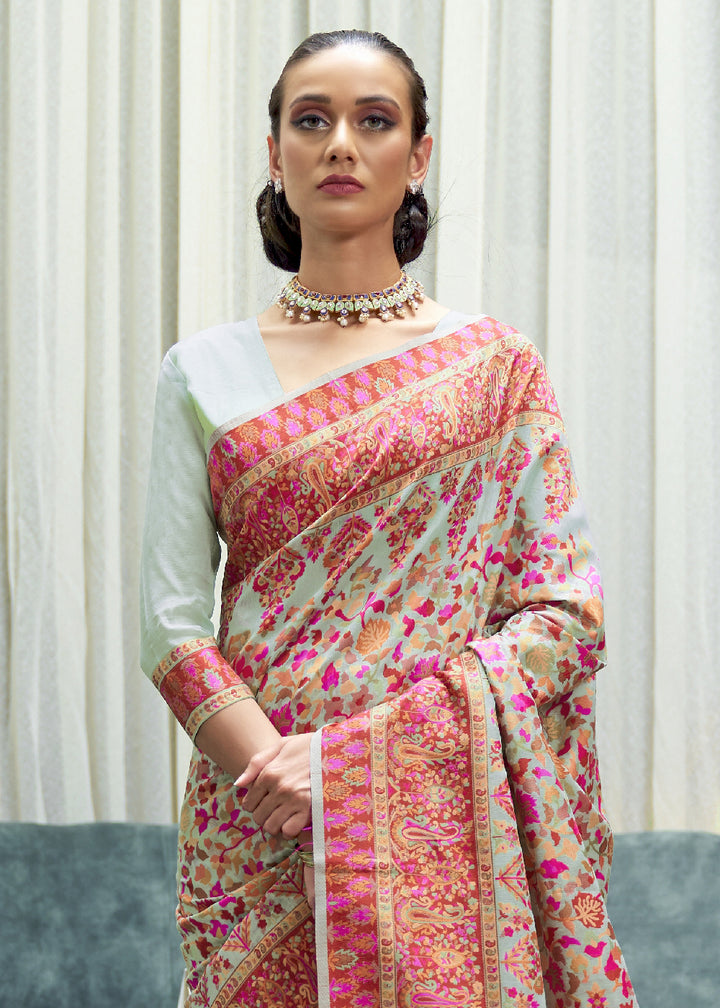 Blue & Pink Kashmiri Jamawar Silk Saree with Handloom Weaving