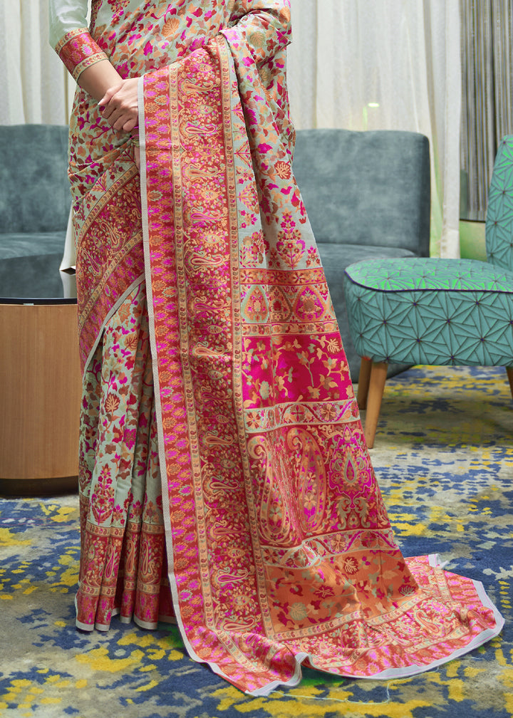 Blue & Pink Kashmiri Jamawar Silk Saree with Handloom Weaving
