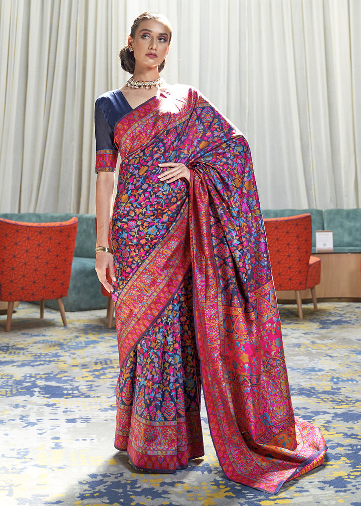 Navy Blue Kashmiri Jamawar Silk Saree with Handloom Weaving