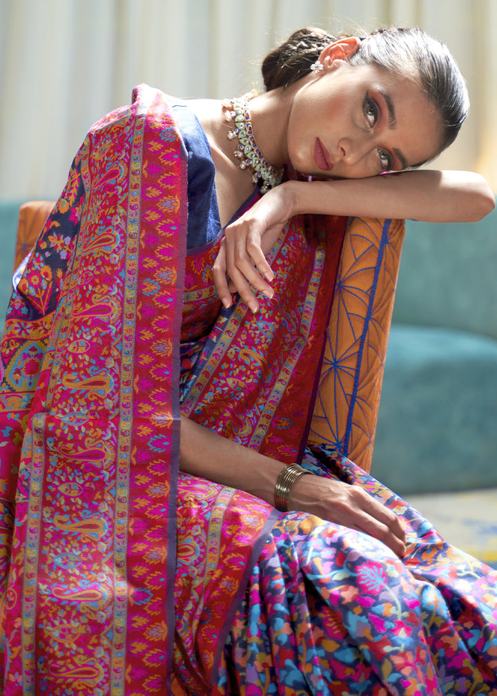 Navy Blue Kashmiri Jamawar Silk Saree with Handloom Weaving