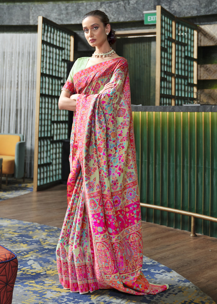 Green & Pink Kashmiri Jamawar Silk Saree with Handloom Weaving
