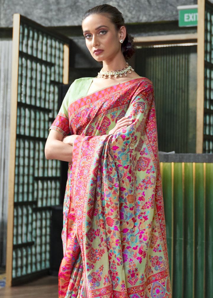 Green & Pink Kashmiri Jamawar Silk Saree with Handloom Weaving