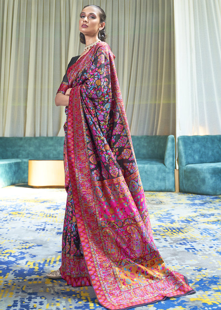 Berry Blue Kashmiri Jamawar Silk Saree with Handloom Weaving