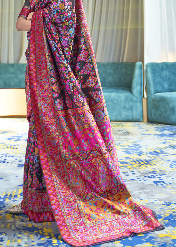 Berry Blue Kashmiri Jamawar Silk Saree with Handloom Weaving