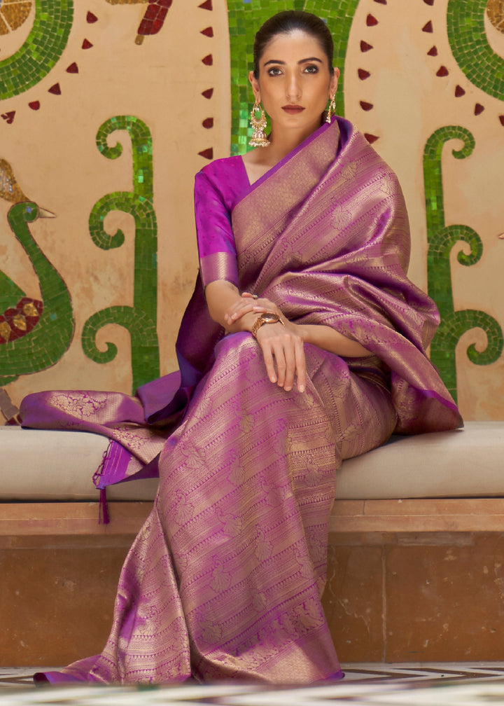 Dual Tone Purple Kanjivaram Silk Saree Adorned with Zari Woven Butti