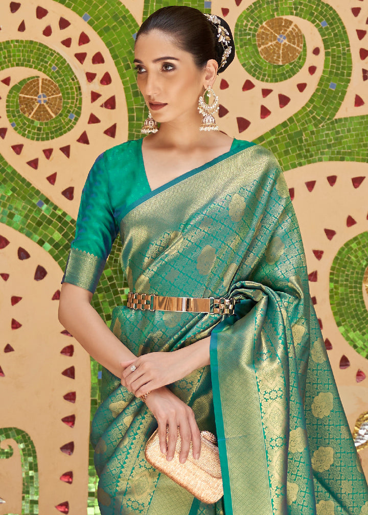 Dual Tone Green Kanjivaram Silk Saree Adorned with Zari Woven Butti
