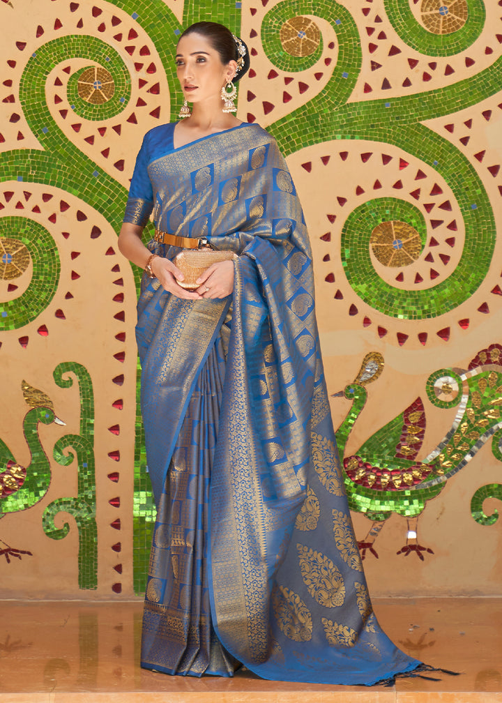 Dual Tone Blue Kanjivaram Silk Saree Adorned with Zari Woven Butti