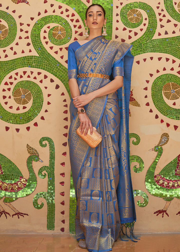 Dual Tone Blue Kanjivaram Silk Saree Adorned with Zari Woven Butti