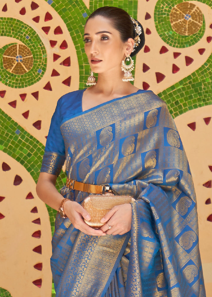 Dual Tone Blue Kanjivaram Silk Saree Adorned with Zari Woven Butti