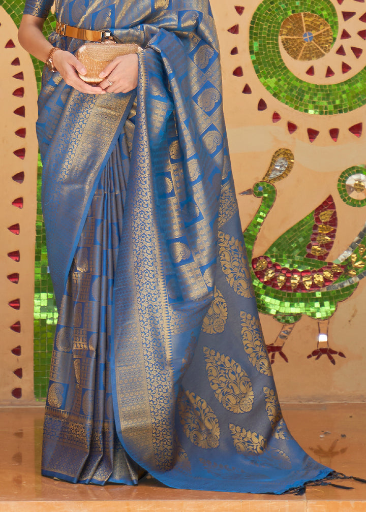 Dual Tone Blue Kanjivaram Silk Saree Adorned with Zari Woven Butti