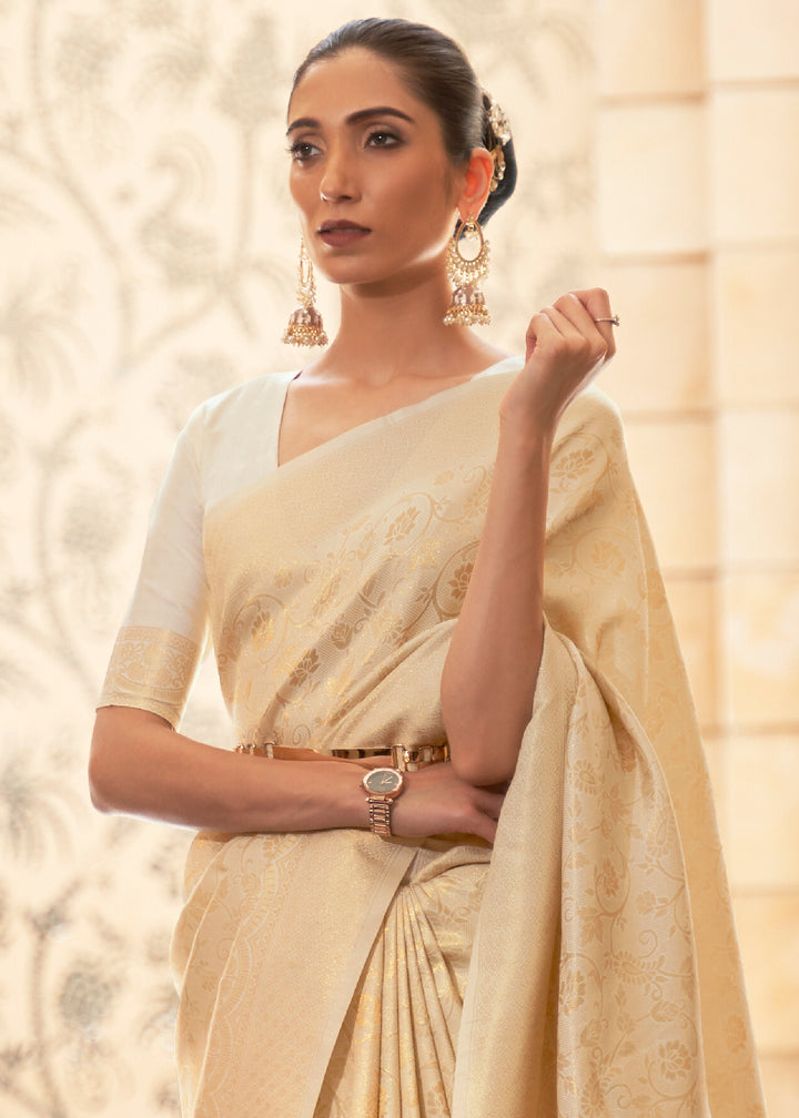 Beige Brown Kanjivaram Silk Saree Adorned with Zari Woven Butti