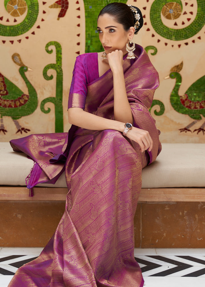 Dual Tone Purple Kanjivaram Silk Saree Adorned with Zari Woven Butti