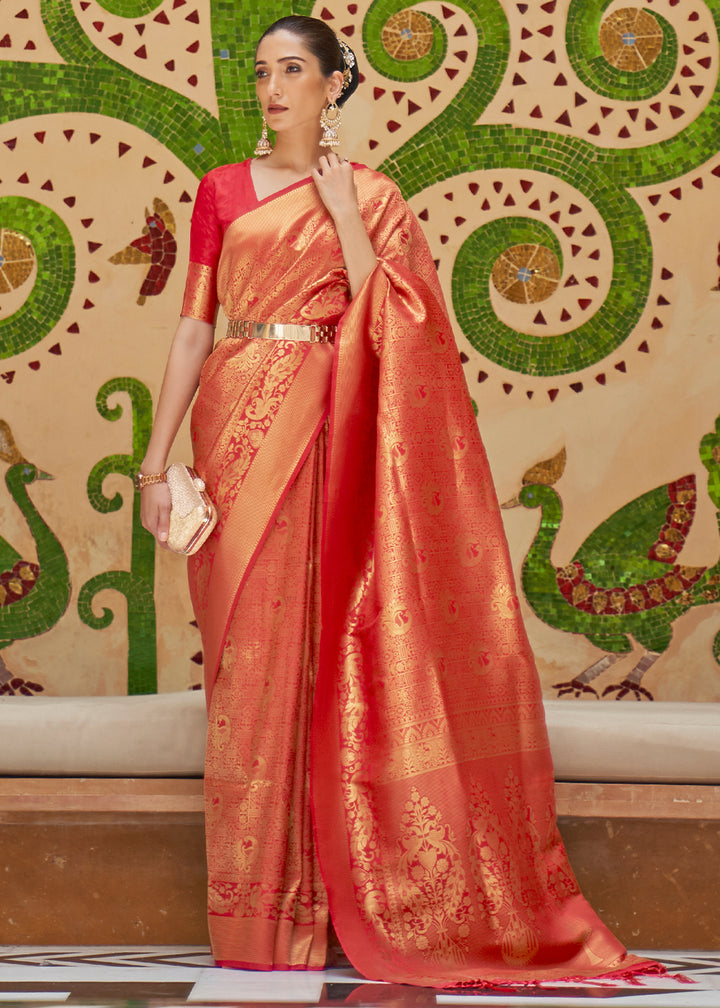 Dual Tone Red Kanjivaram Silk Saree Adorned with Zari Woven Butti