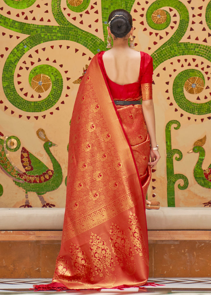 Dual Tone Red Kanjivaram Silk Saree Adorned with Zari Woven Butti