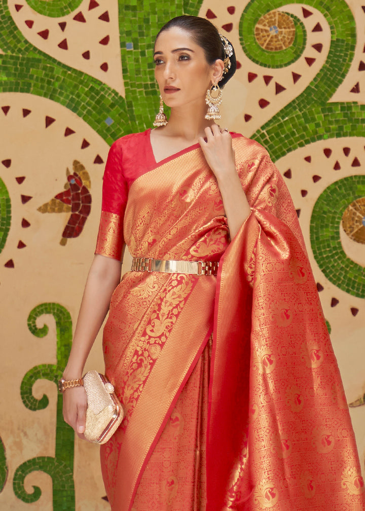 Dual Tone Red Kanjivaram Silk Saree Adorned with Zari Woven Butti