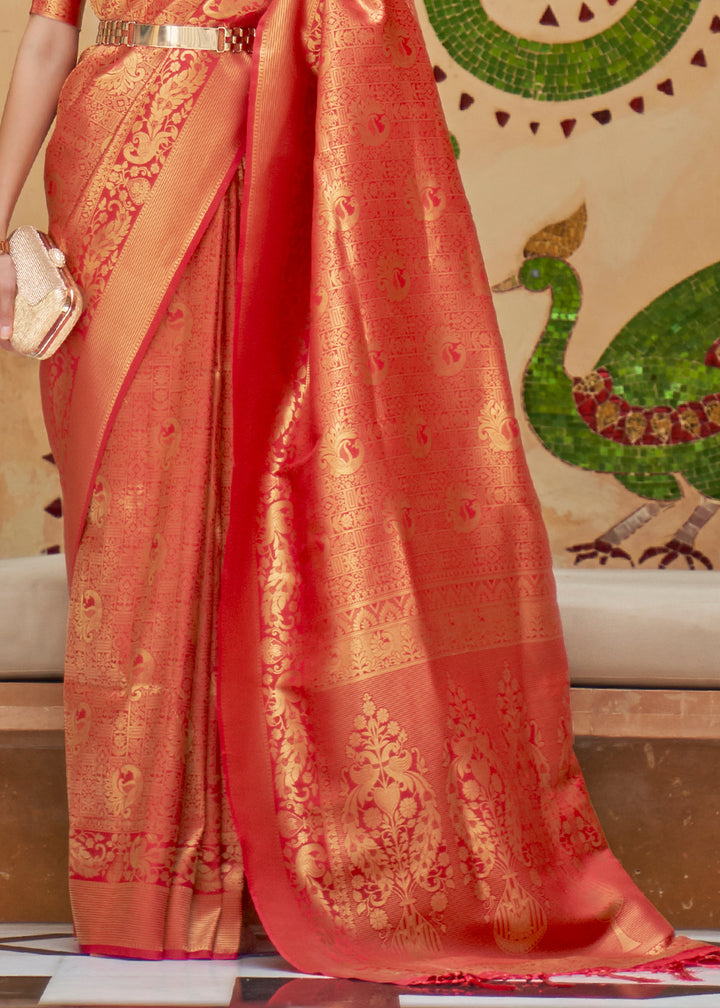 Dual Tone Red Kanjivaram Silk Saree Adorned with Zari Woven Butti