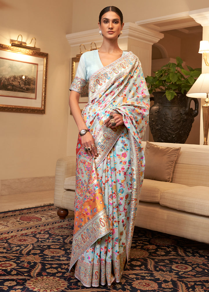 Coral Blue Banarasi Silk Saree with Kashmiri Jamawar Weaving