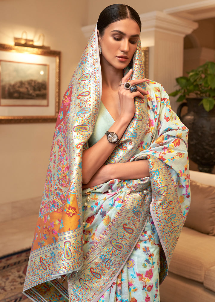 Coral Blue Banarasi Silk Saree with Kashmiri Jamawar Weaving