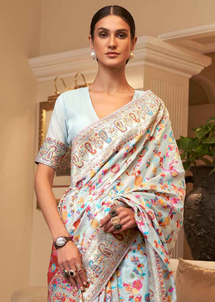 Coral Blue Banarasi Silk Saree with Kashmiri Jamawar Weaving