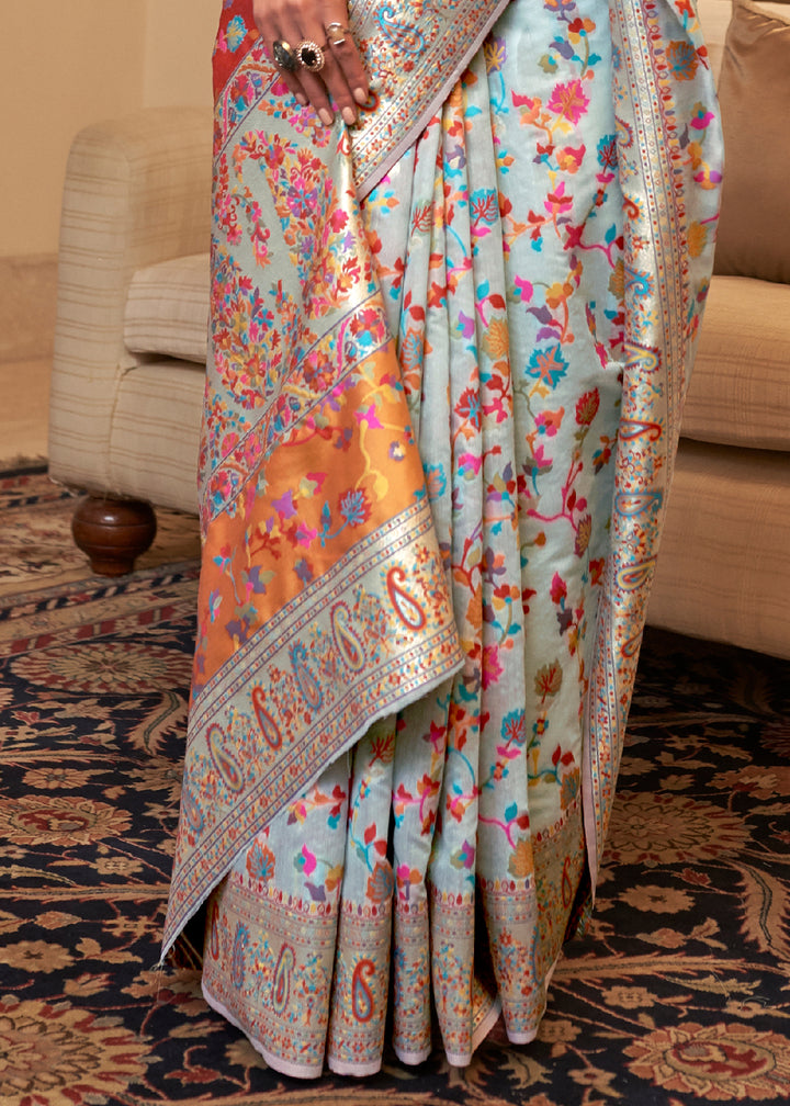 Coral Blue Banarasi Silk Saree with Kashmiri Jamawar Weaving