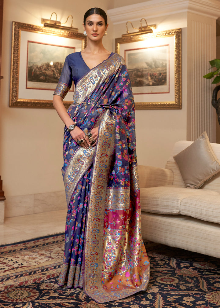 Sapphire Blue Banarasi Silk Saree with Kashmiri Jamawar Weaving