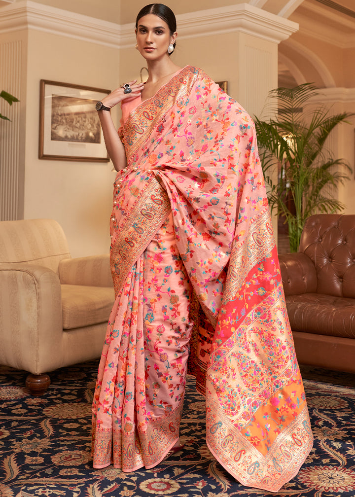 Salmon Pink Banarasi Silk Saree with Kashmiri Jamawar Weaving