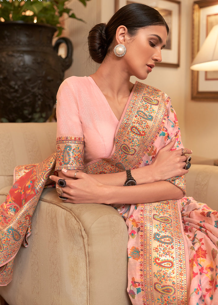 Salmon Pink Banarasi Silk Saree with Kashmiri Jamawar Weaving