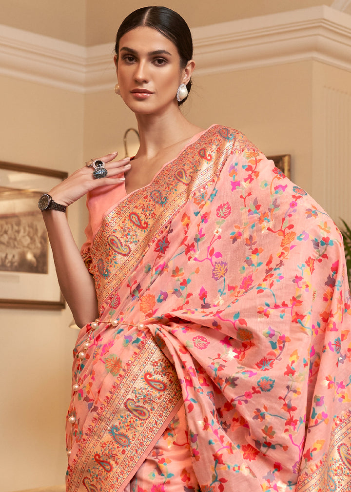 Salmon Pink Banarasi Silk Saree with Kashmiri Jamawar Weaving