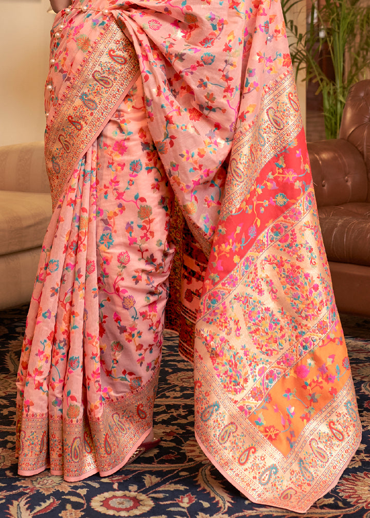 Salmon Pink Banarasi Silk Saree with Kashmiri Jamawar Weaving