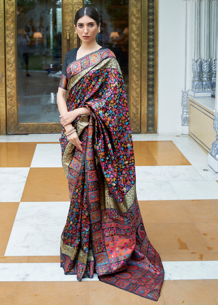 Midnight Black Banarasi Silk Saree with Kashmiri Jamawar Weaving