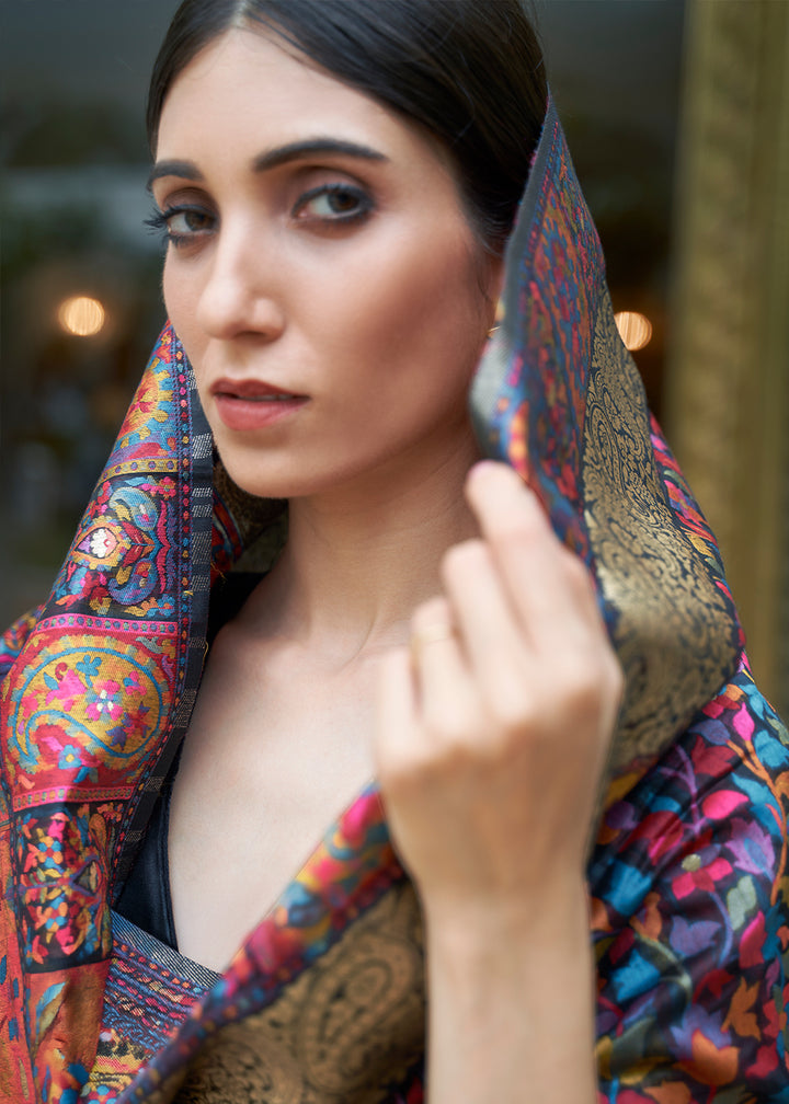 Midnight Black Banarasi Silk Saree with Kashmiri Jamawar Weaving