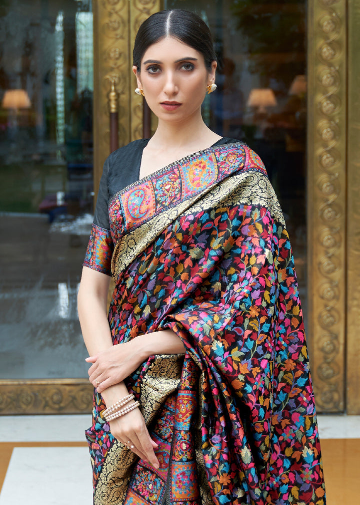 Midnight Black Banarasi Silk Saree with Kashmiri Jamawar Weaving
