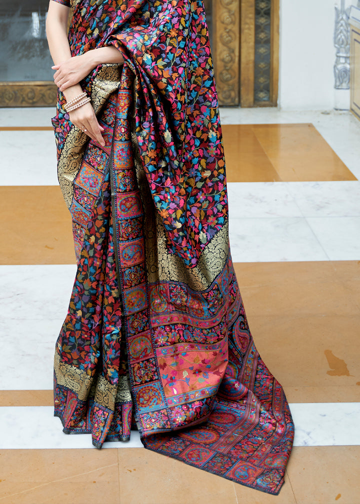 Midnight Black Banarasi Silk Saree with Kashmiri Jamawar Weaving