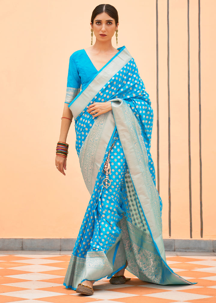Blue Georgette Silk Saree Featuring Woven Designer Patterns